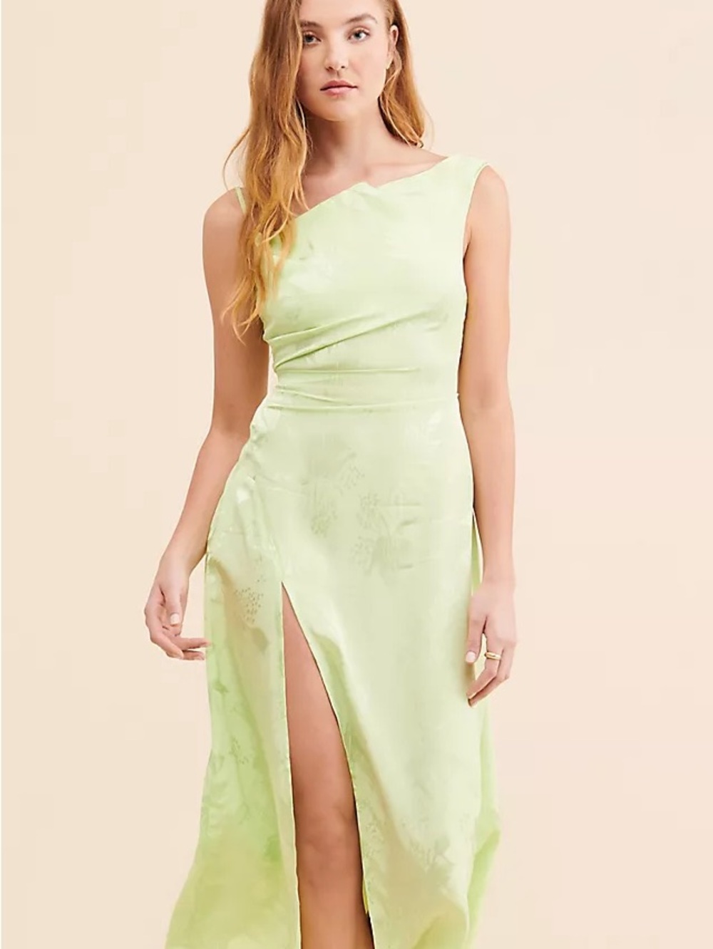 For love and lemons Llana Sleeveless Green Satin Evening Dress with Front Slit